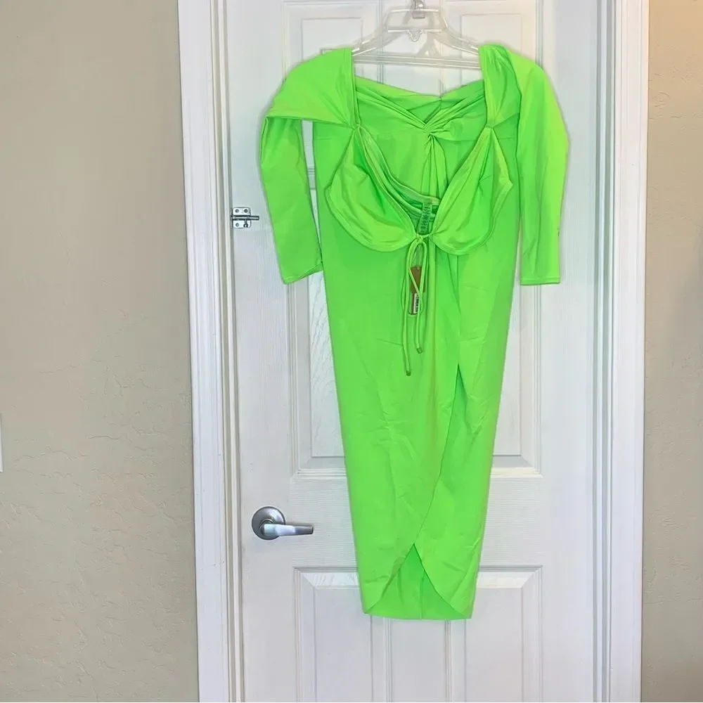 Skims Recycled Swim Long Sleeve Bikini Top and Sarong Skirt Neon Green Size XL